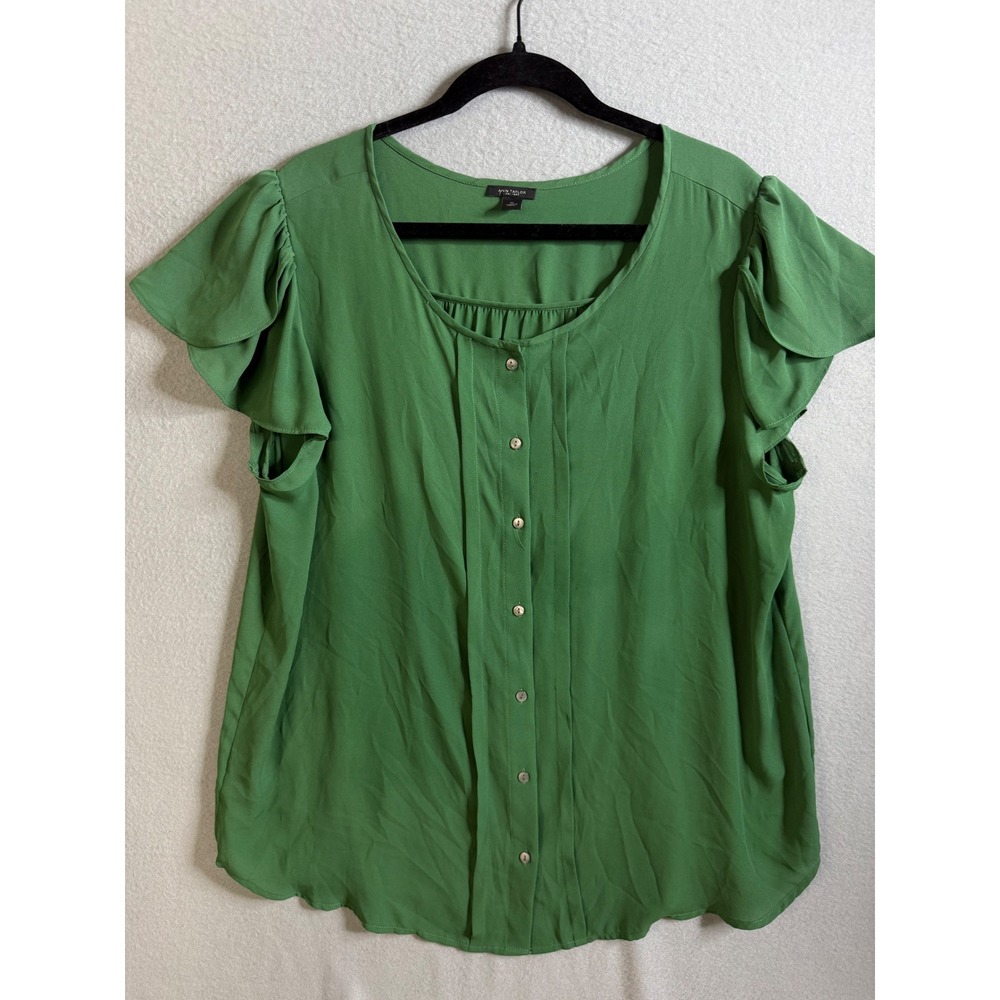 Ann Taylor Top Women's Extra Large Green Flutter Sleeve Button Front Blouse